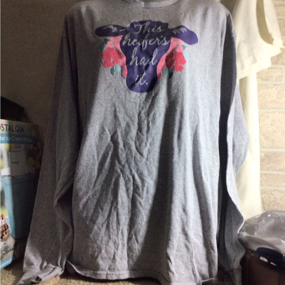 Gray Long-Sleeve Graphic Tee with Purple Floral Bull Detail